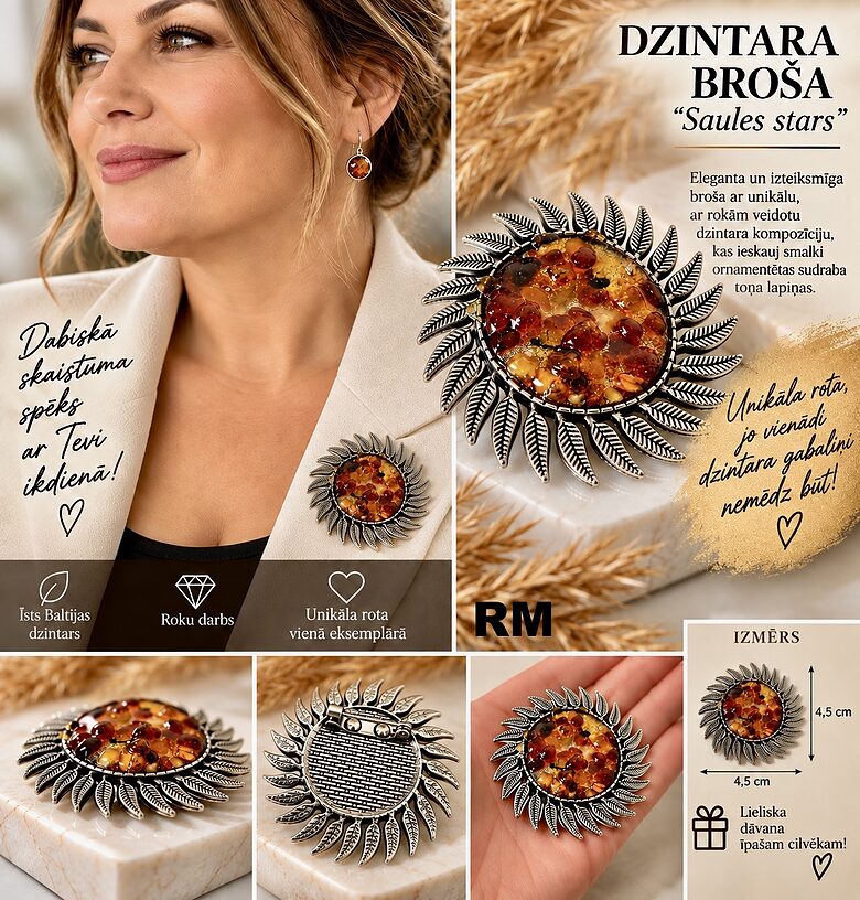 Dzintara broša "Saule"