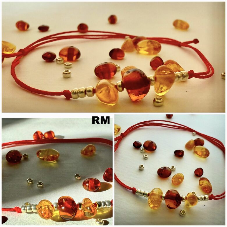 Sarkanā diedziņa rokassprādze ar dzintara gabaliņiem!