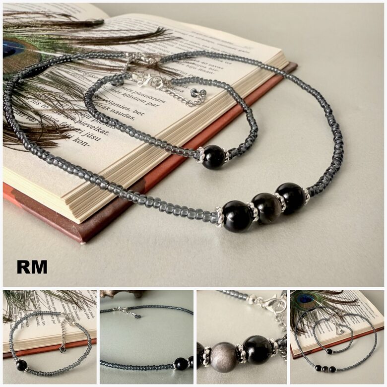 Nr2 Kaklarota un rokassprādze ar taho pērlēm un obsidiāna hematīta kristāla lodītēm!