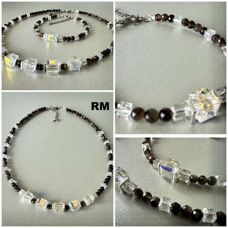 Nr3 Kaklarota un rokassprādze ar mikasētiem kristāla gabaliņiem un obsidiāna pērlītēm!