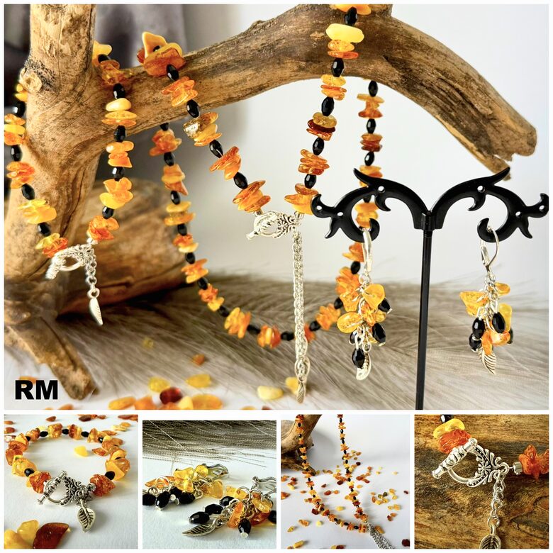  Dzintara rotu komplekts ar melnām akrila pērlēm!