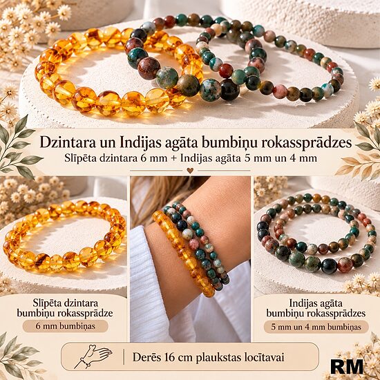 3 bumbu rokassprādzes ar dzintaru un agātu!