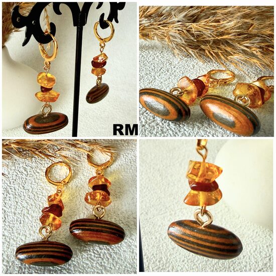 Dzintara auskari ar koka elementu!