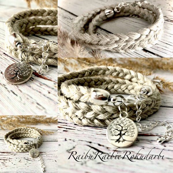 ✨Rokassprādze garā ar kulonu"Dzīvības koks no pelēka lina!