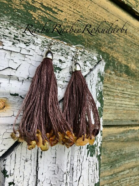 Brūna lina diega auskari ar dzintariņiem! " Diedziņrota"