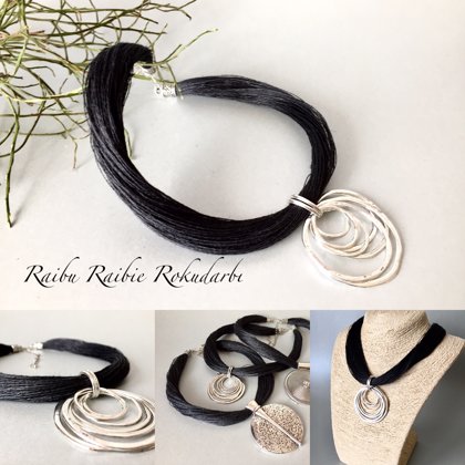 Melna vai pelēka lina diega kaklarota ar kulonu "Riņķi" 5,5cm-6,5cm! Nr3