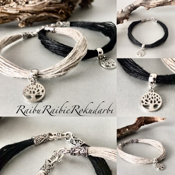 ✨Rokassprādze no pelēka vai melna lina diega ar kulonu "Dzīvības koks"