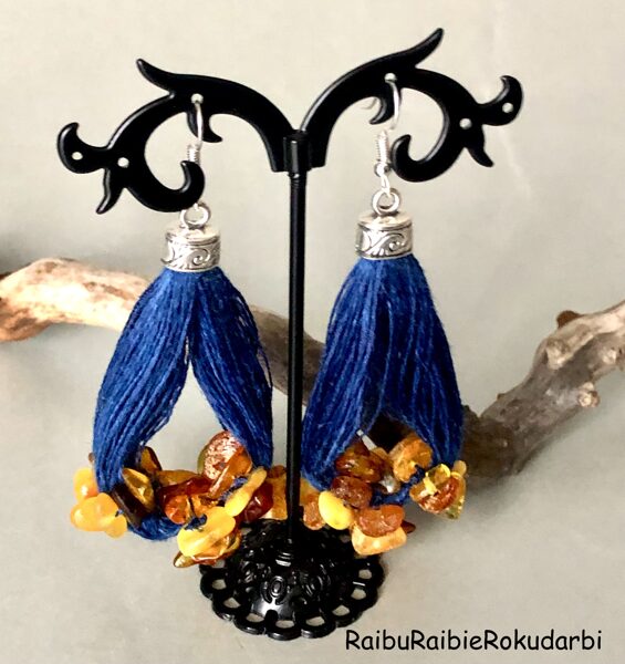 Zila lina diega auskari ar dzintara gabaliņiem!